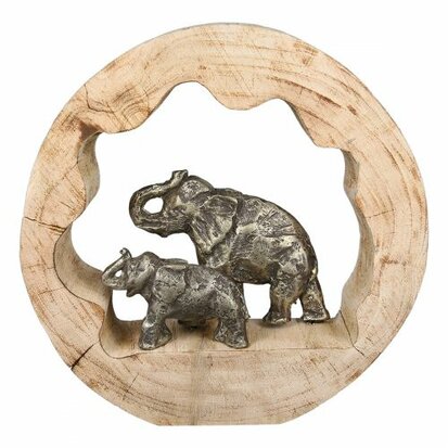 Skulptur hout Oliofant moeder met kind.