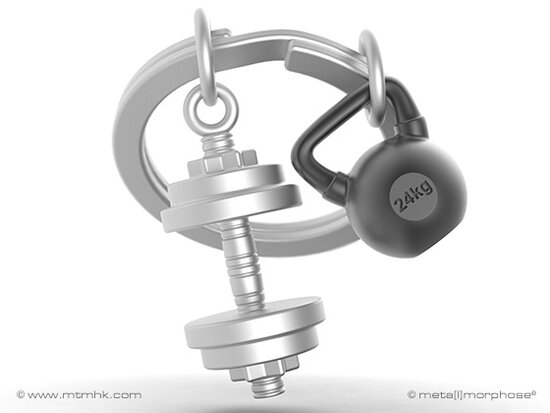 Sleutelhanger dumbbell en kettlebell. MTM.